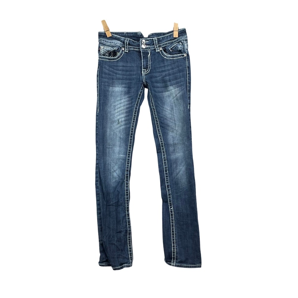 Vigoss Skinny Jeans Womens 29* Blue Dark Wash Thick Stitch Rhinestone Low Rise